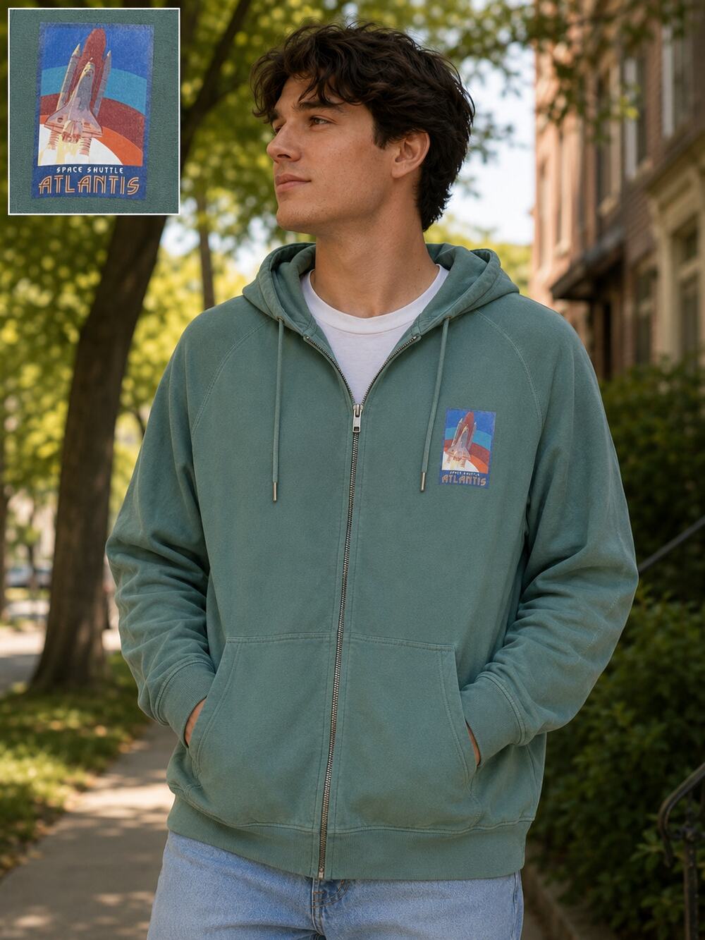 MV SPORT Space Shuttle Atlantis NASA Zip Hoodie Sage Green Lightweight XL